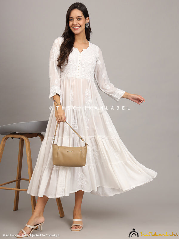 White Muslin Masakkali Tier Gown Lucknowi Chikankari Flare Kurti