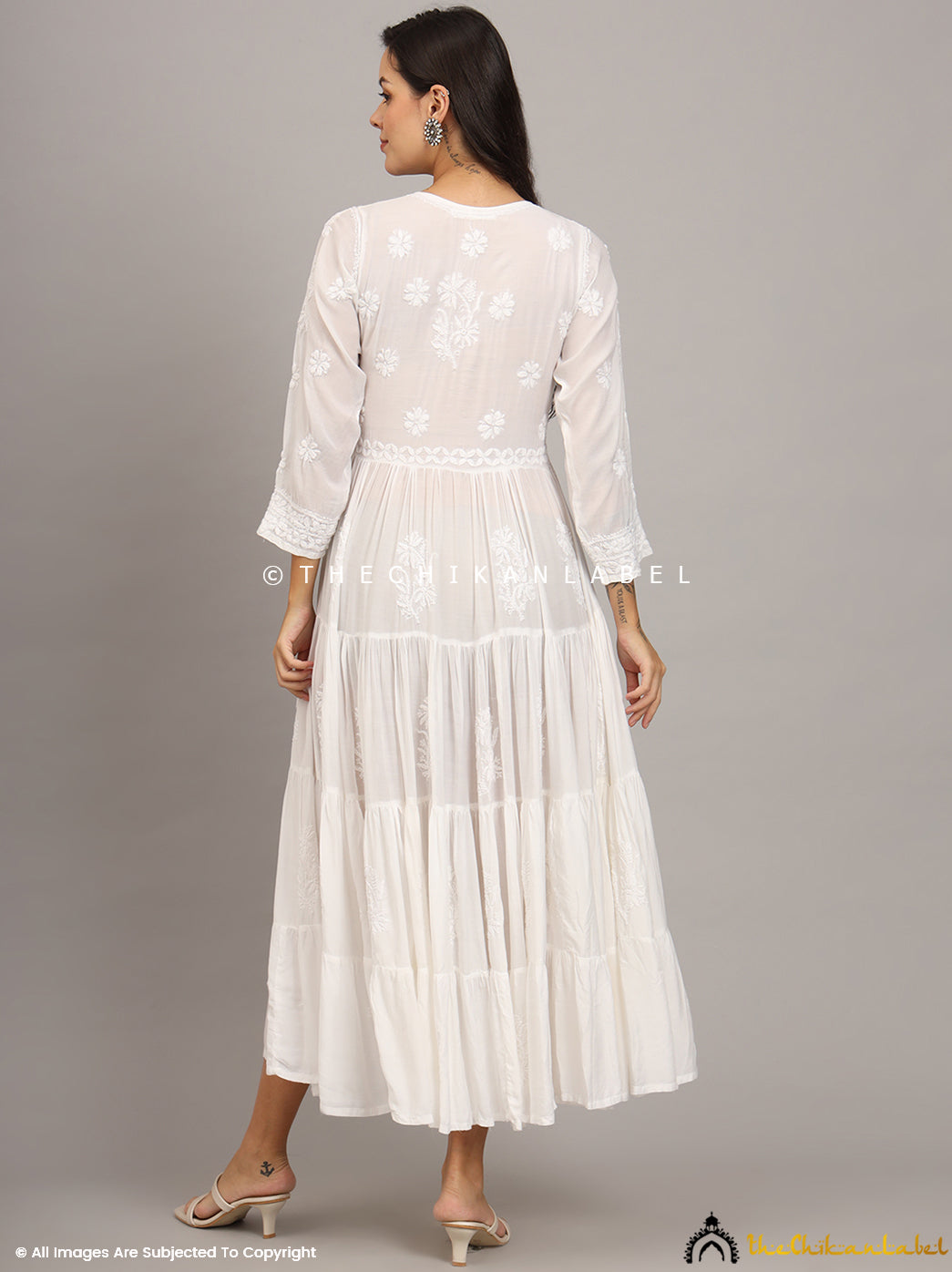 White Muslin Masakkali Tier Gown Lucknowi Chikankari Flare Kurti