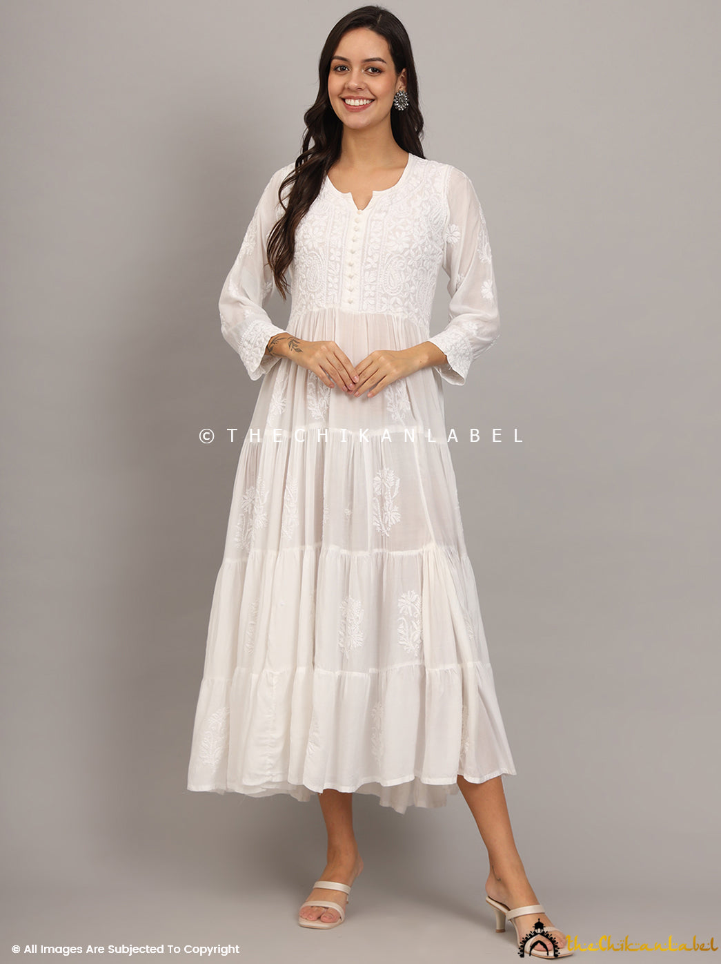 White Muslin Masakkali Tier Gown Lucknowi Chikankari Flare Kurti