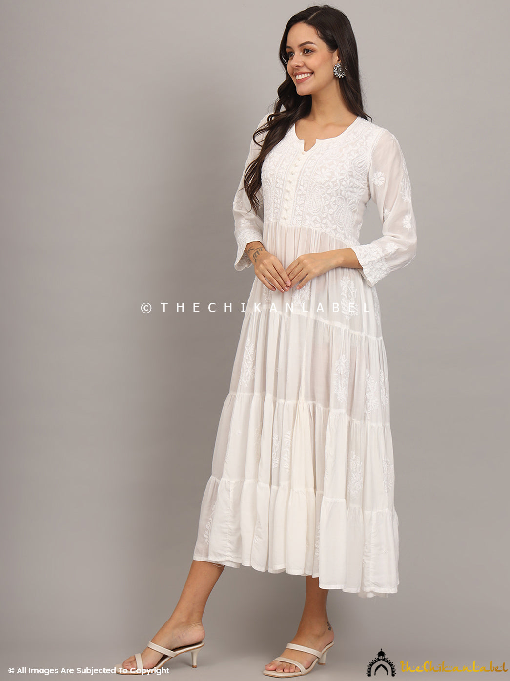 White Muslin Masakkali Tier Gown Lucknowi Chikankari Flare Kurti