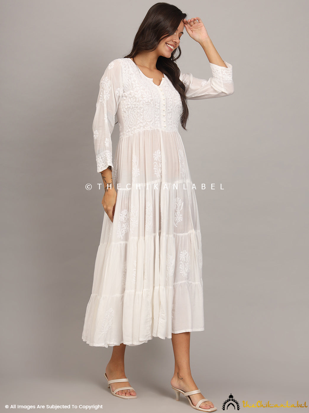 White Muslin Masakkali Tier Gown Lucknowi Chikankari Flare Kurti