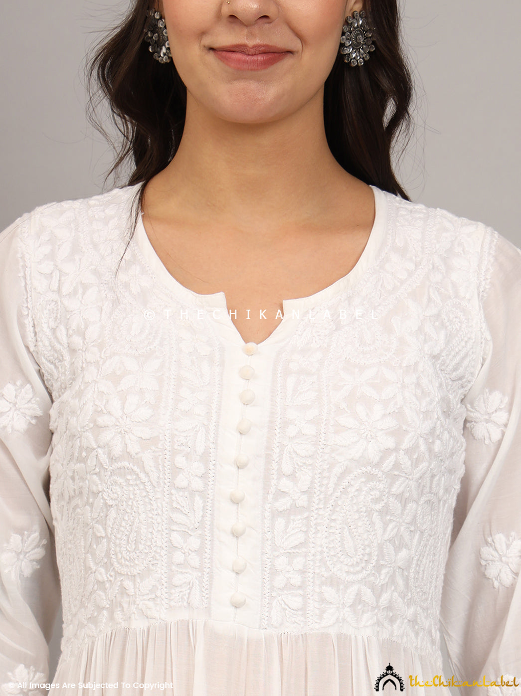 White Muslin Masakkali Tier Gown Lucknowi Chikankari Flare Kurti