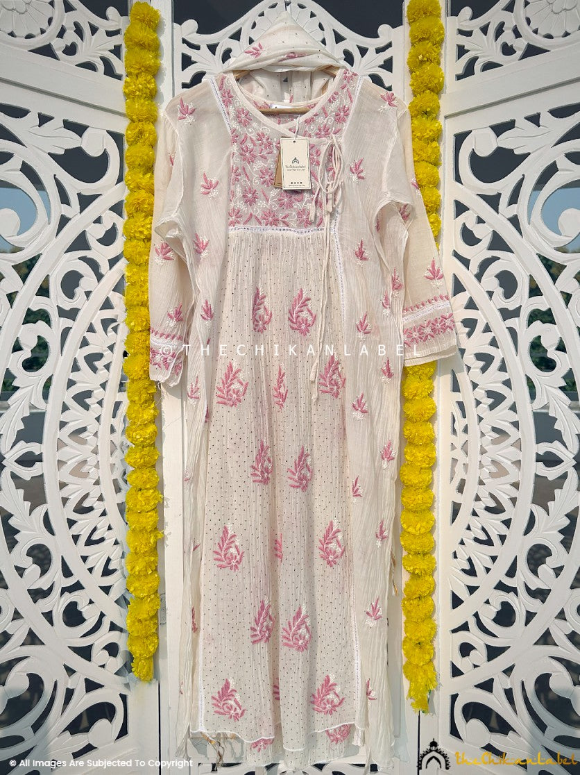 White Fabiha Mulmul Chanderi Semi-stitched Chikankari Angarkha