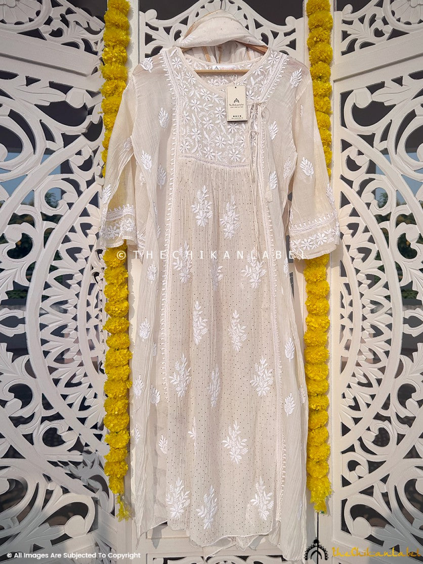 White Fabiha Mulmul Chanderi Semi-stitched Chikankari Angarkha