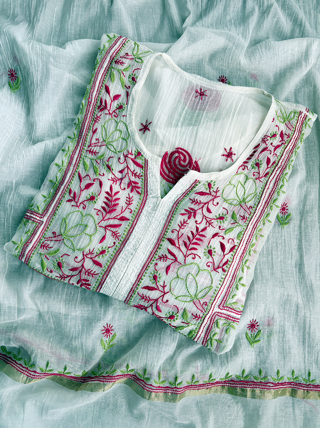 White Mulmul Chanderi Semi-stitched Chikankari Anarkali