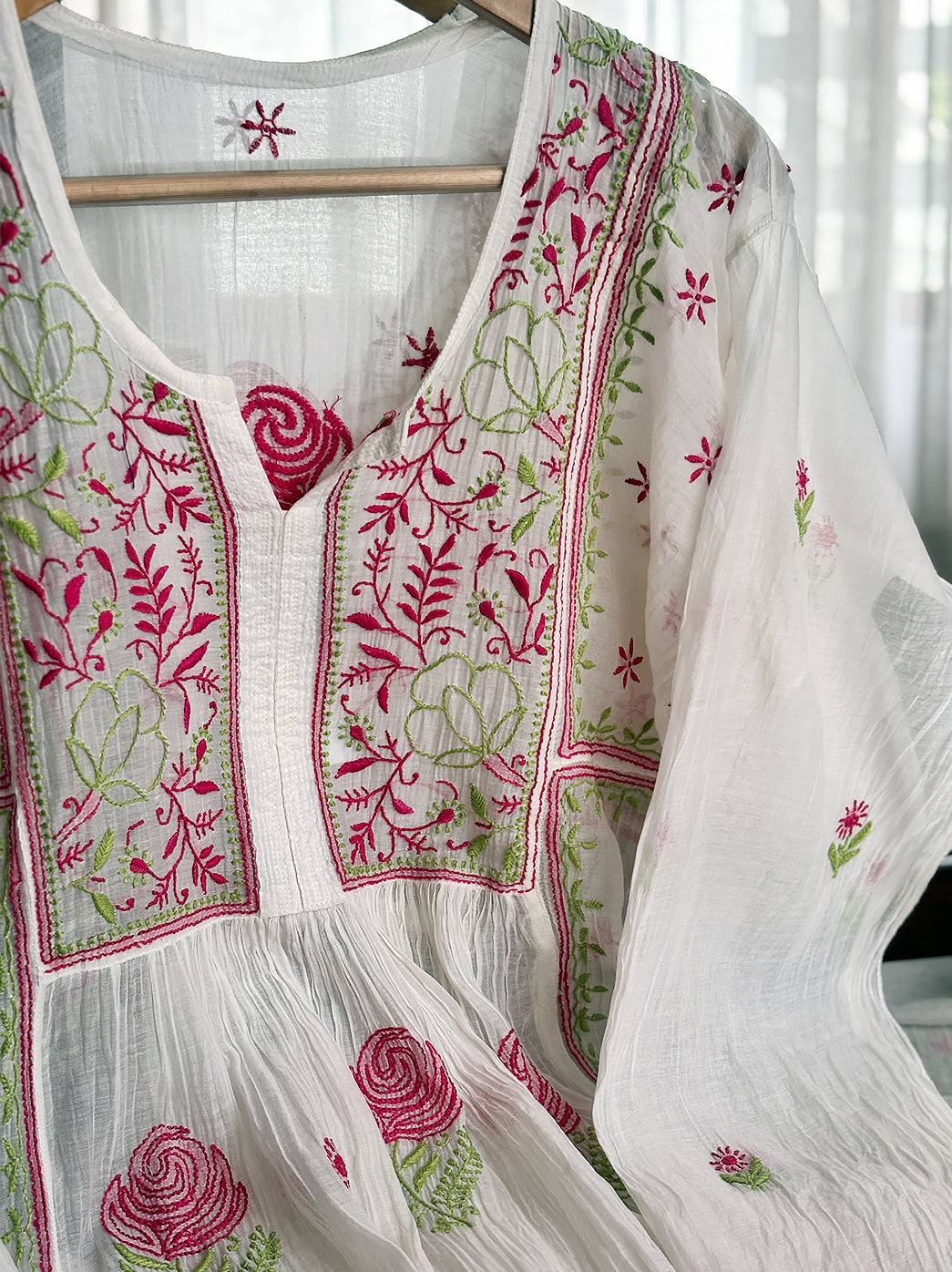 White Mulmul Chanderi Semi-stitched Chikankari Anarkali