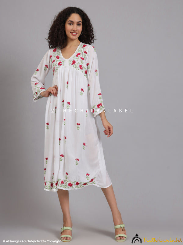 Woman wearing a fresh white Alia-style Anarkali kurta