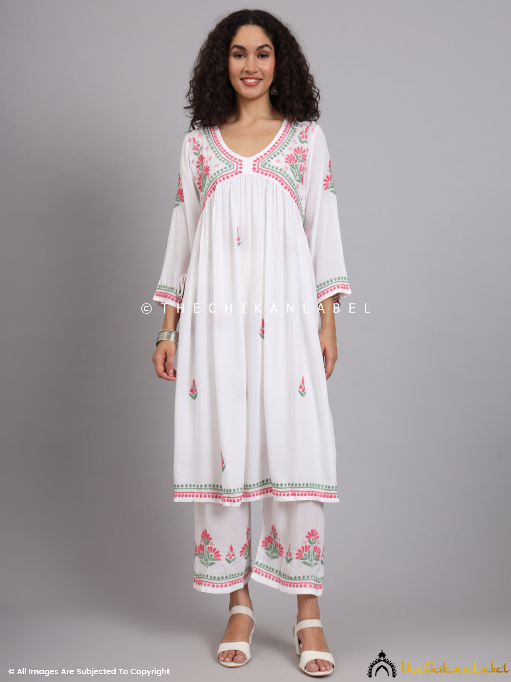 White Multi Samara Modal Chikankari Kurti Palazzo Set