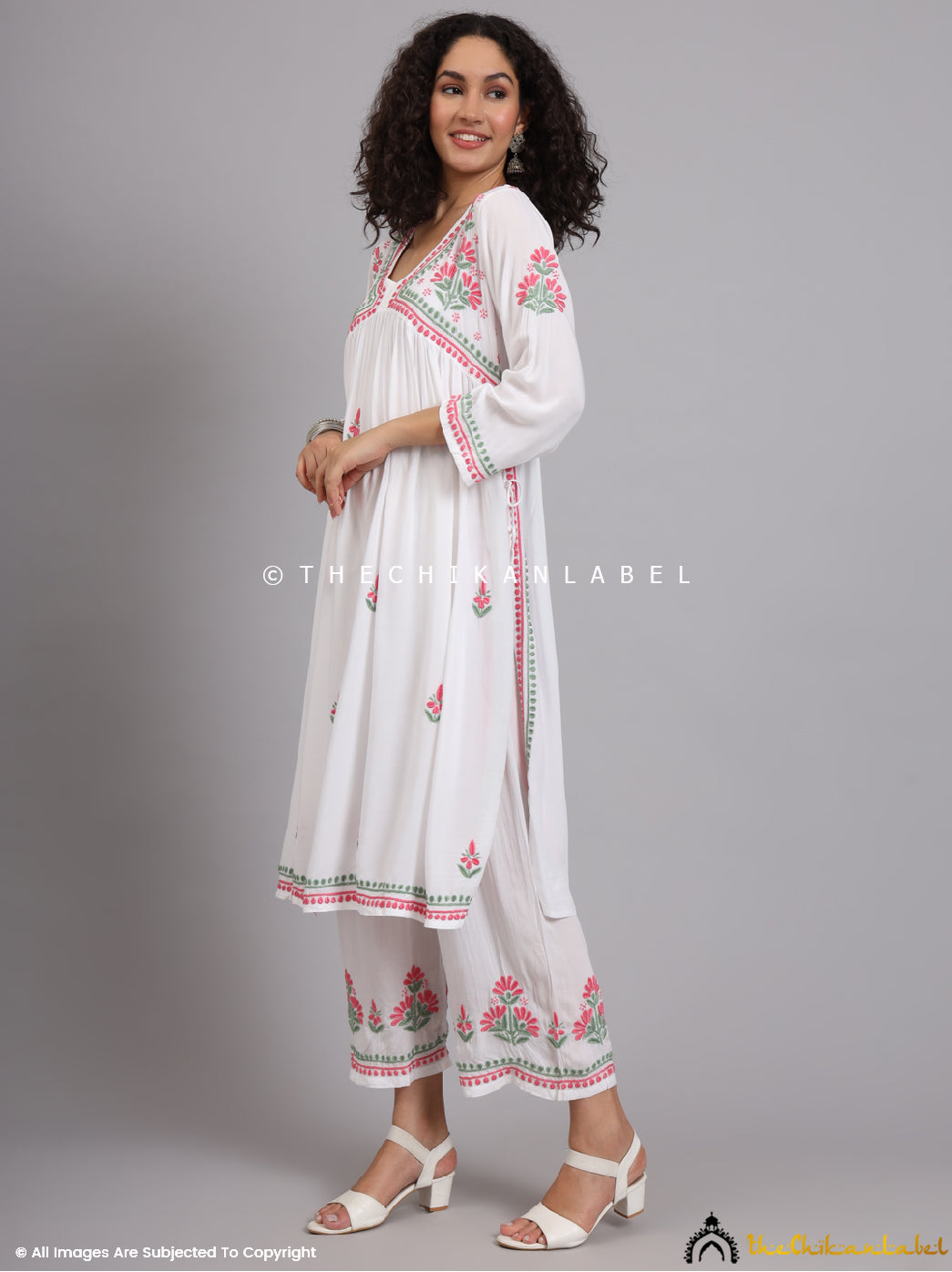 White Multi Samara Modal Chikankari Kurti Palazzo Set