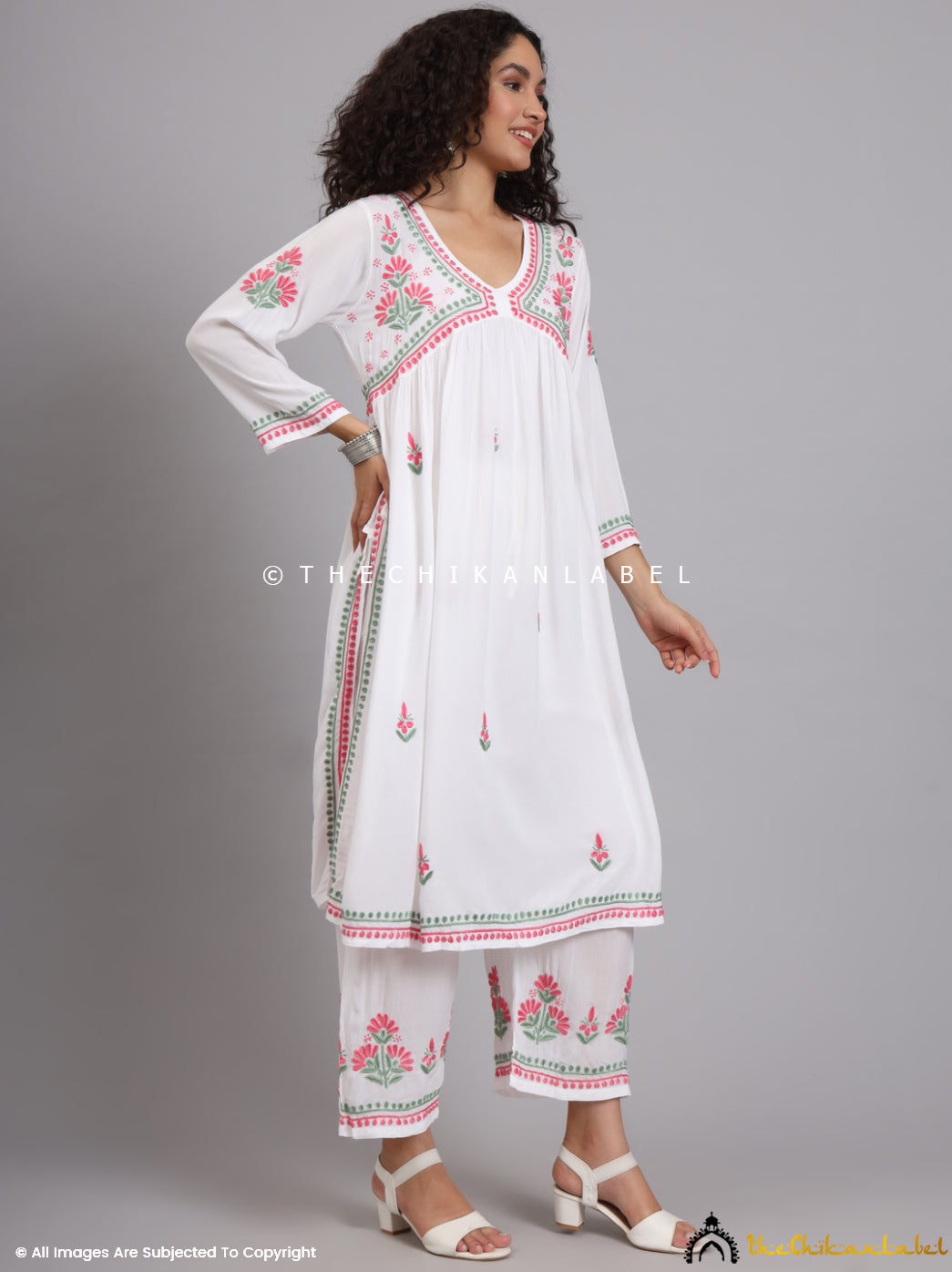 White Multi Samara Modal Chikankari Kurti Palazzo Set