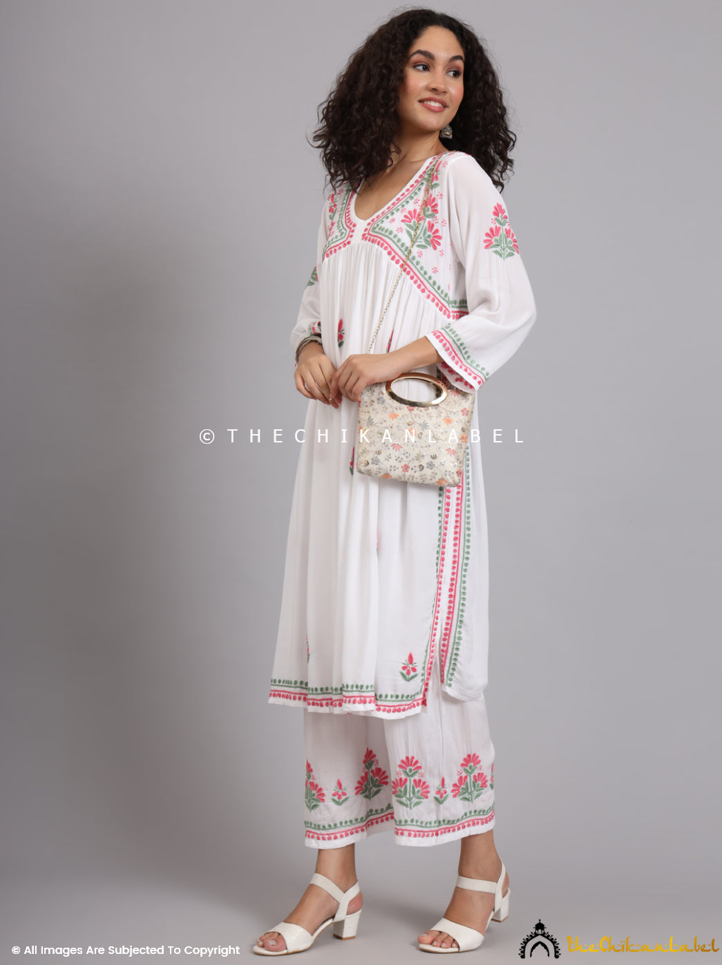 White Multi Samara Modal Chikankari Kurti Palazzo Set