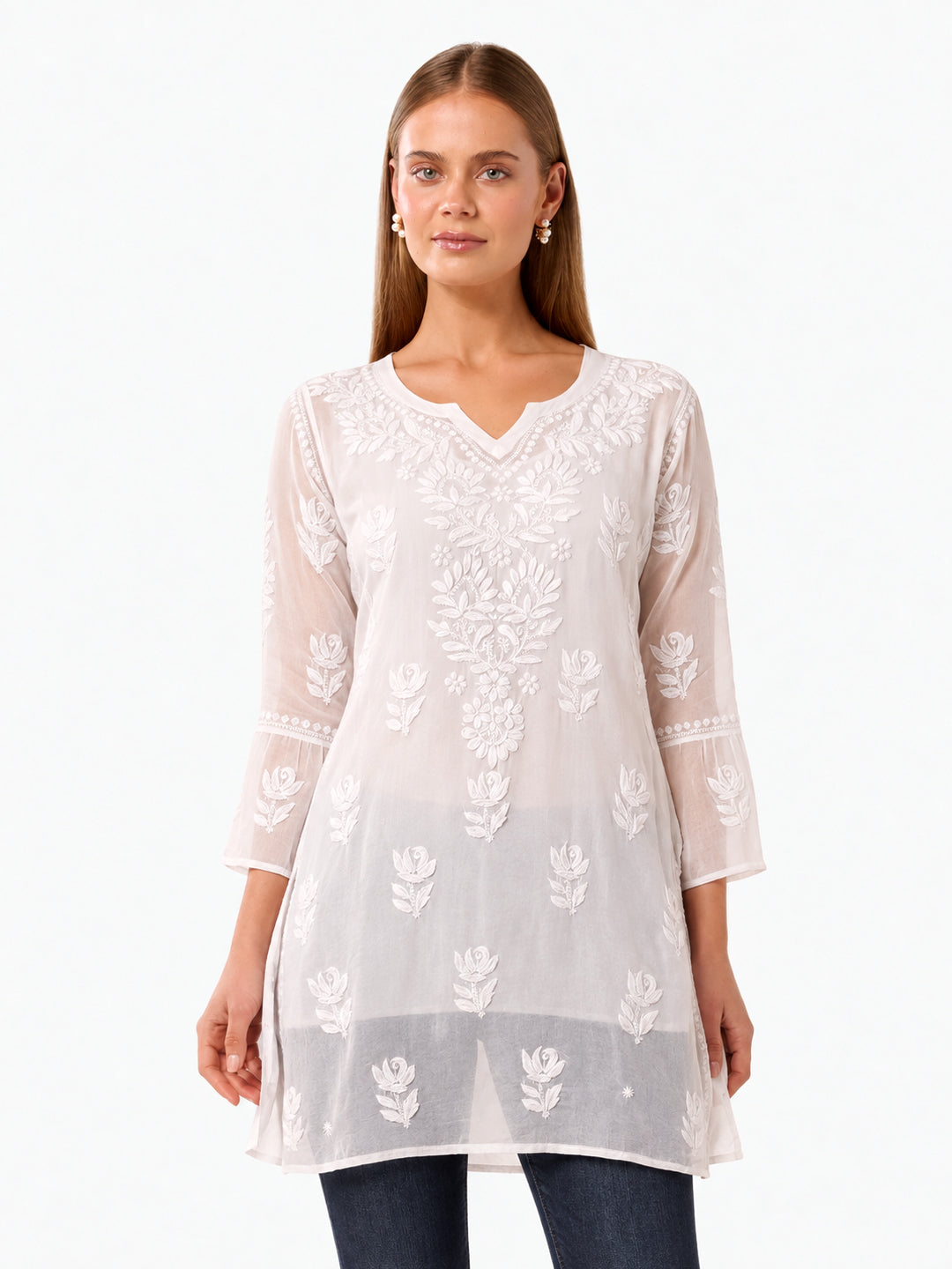 White Mushq Viscose Chikankari Short Kurta