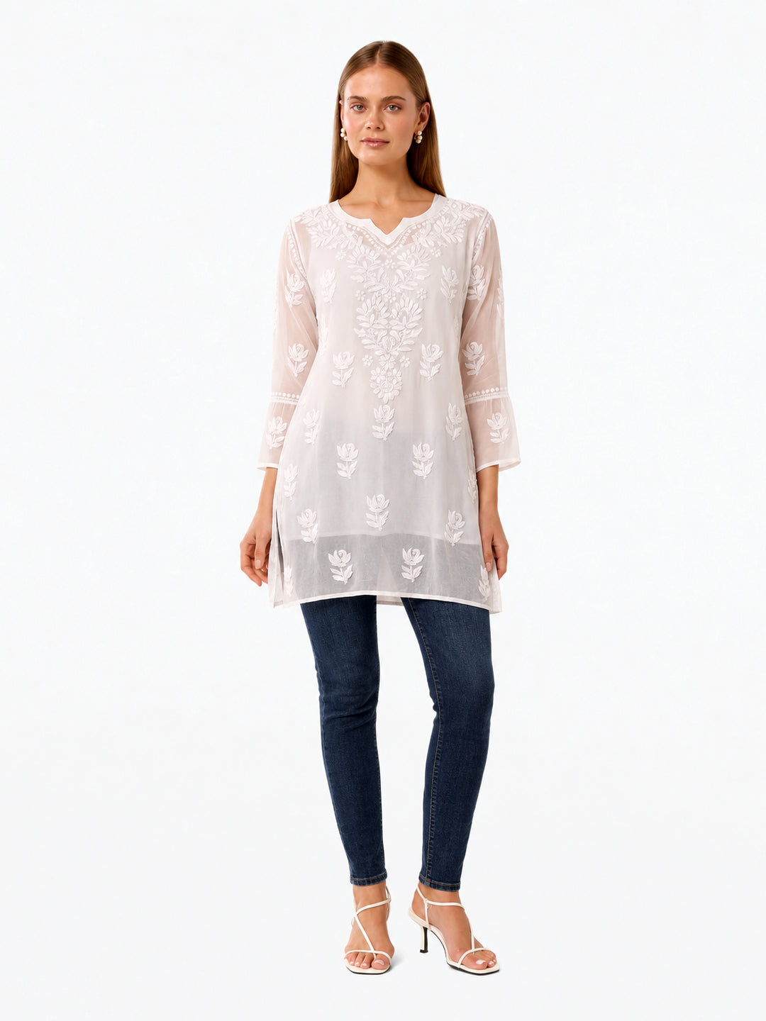 White Mushq Viscose Chikankari Short Kurta