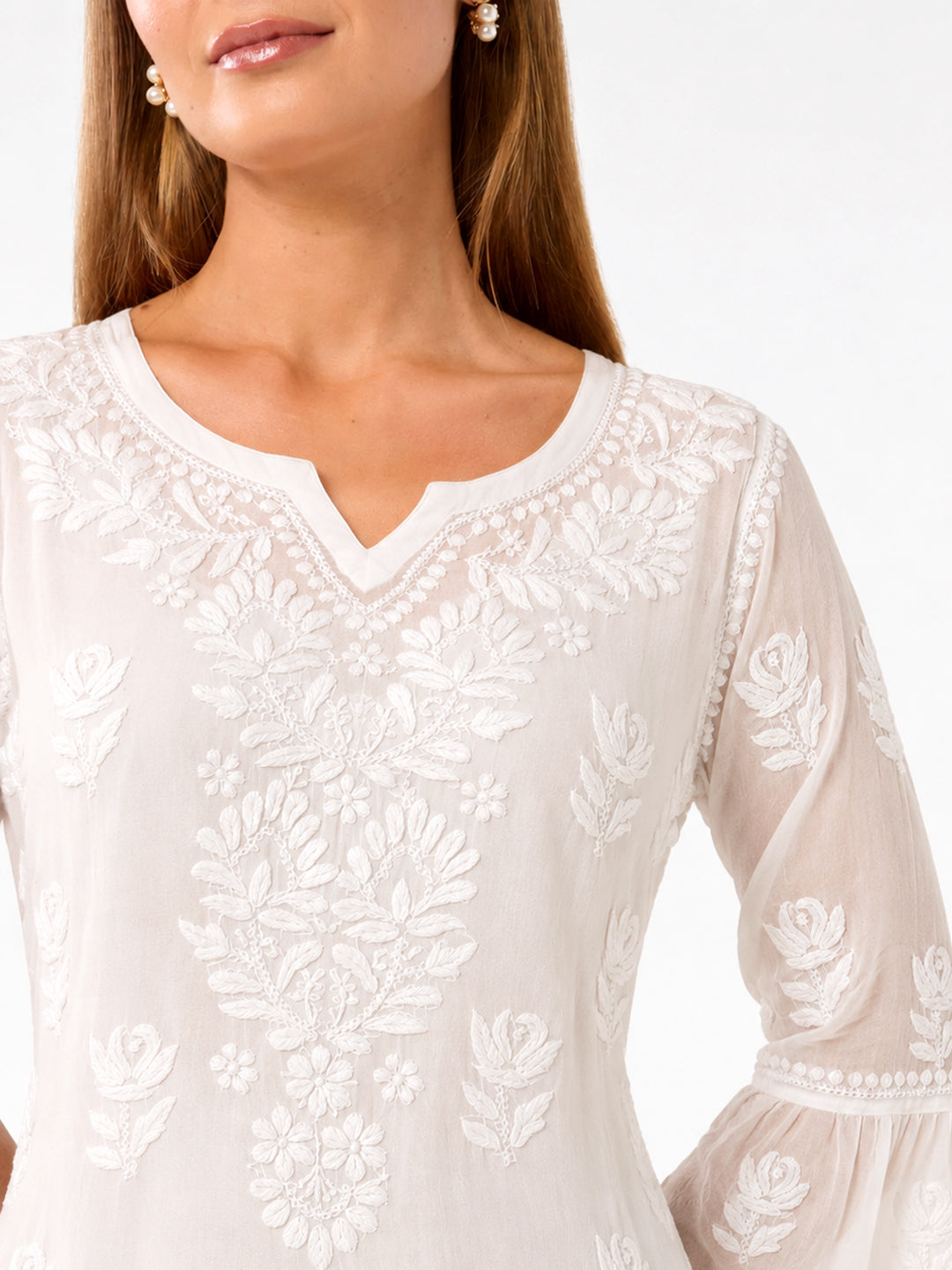 White Mushq Viscose Chikankari Short Kurta