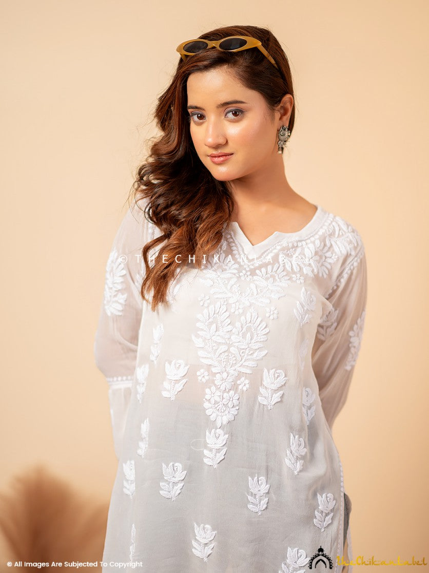 White Mushq Viscose Chikankari Short Kurta ,Chikankari Short Kurta in Viscose Fabric For woman