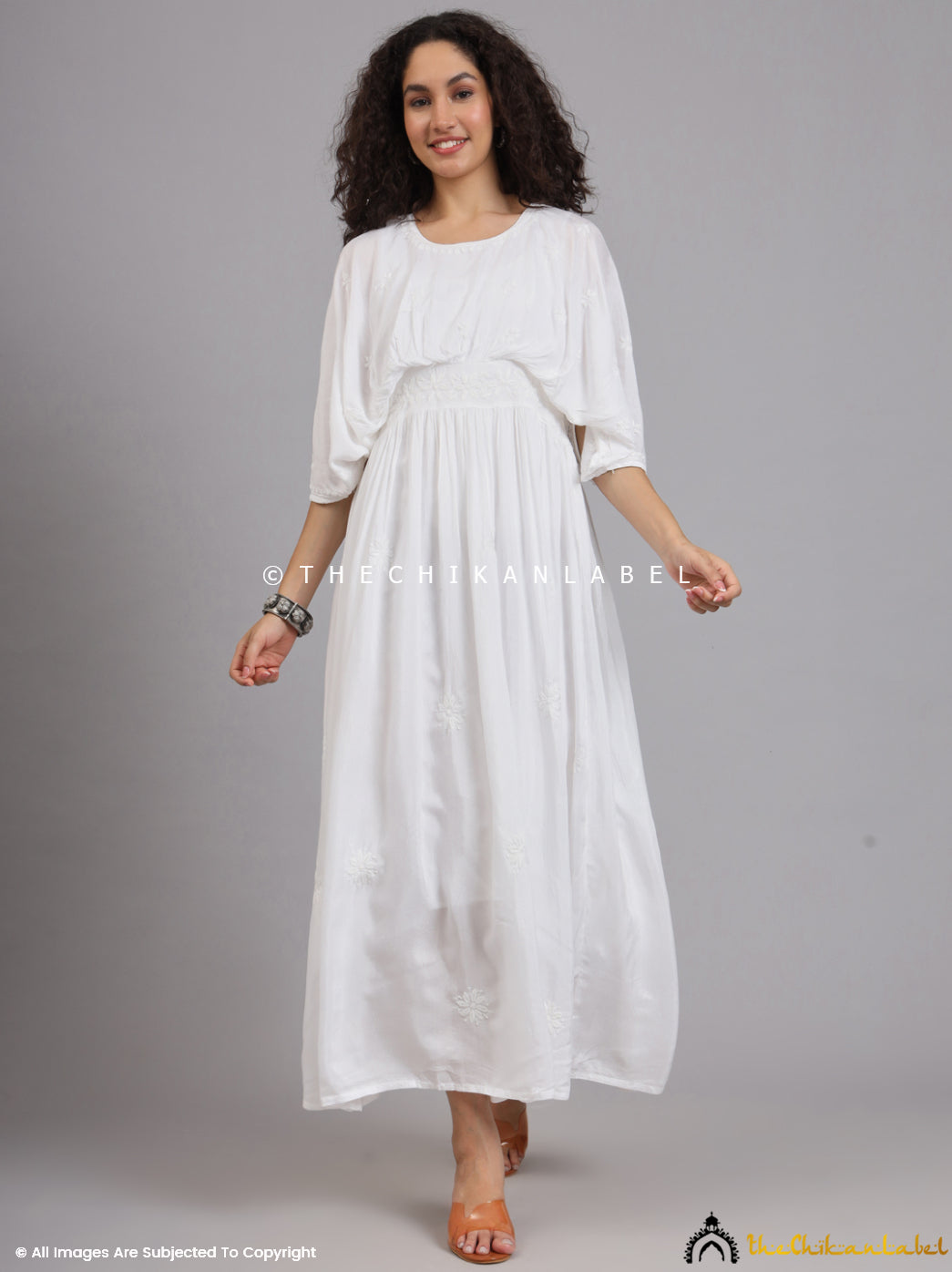 White Muslin Chikankari Kimono Kaftan dress