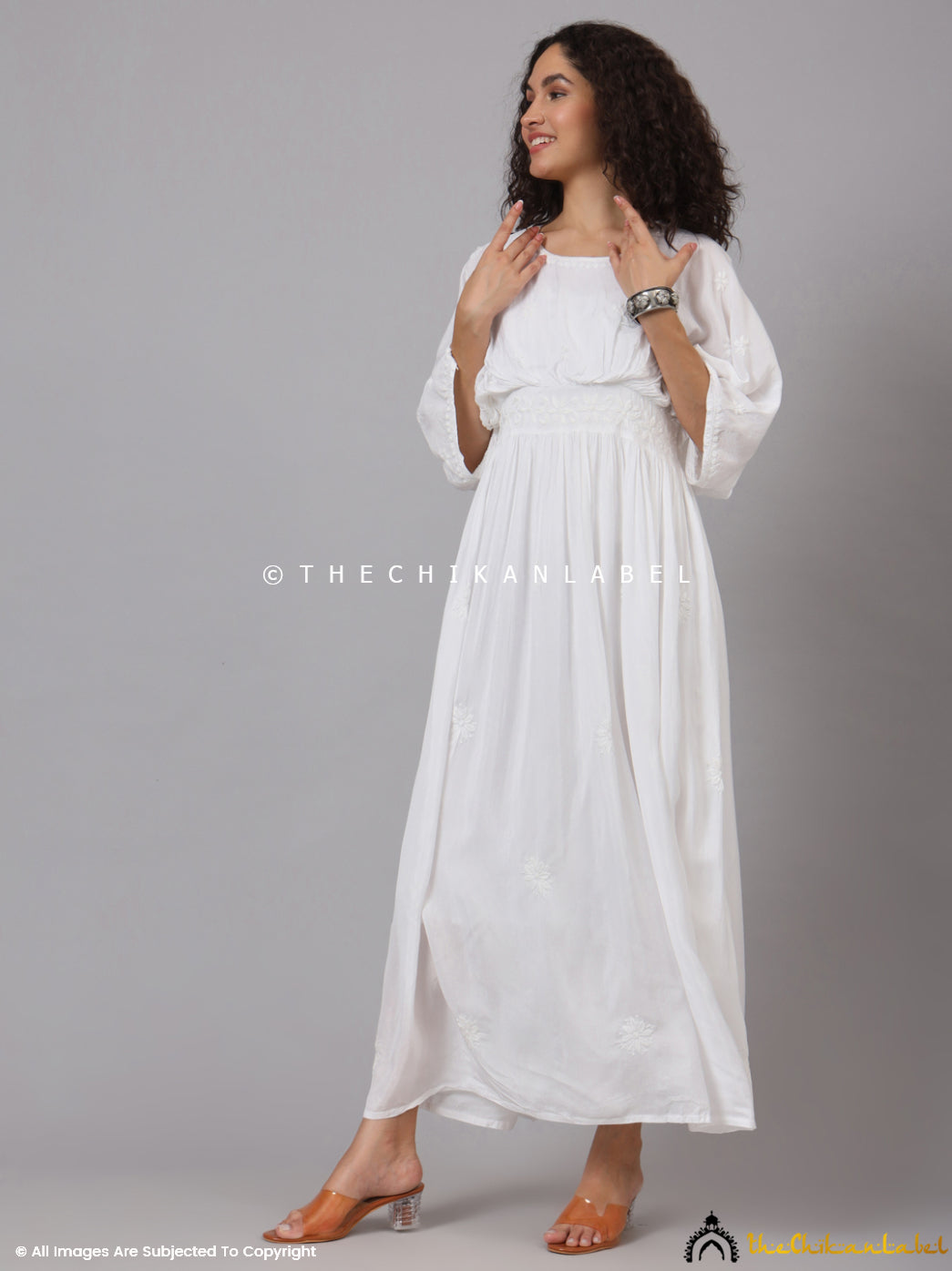 White Muslin Chikankari Kimono Kaftan dress