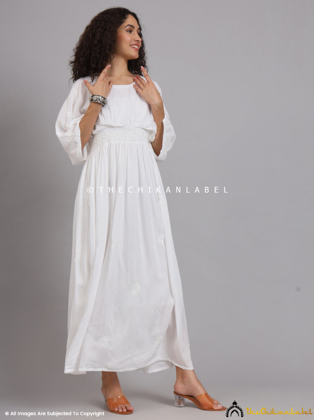 White Muslin Chikankari Kimono Kaftan dress