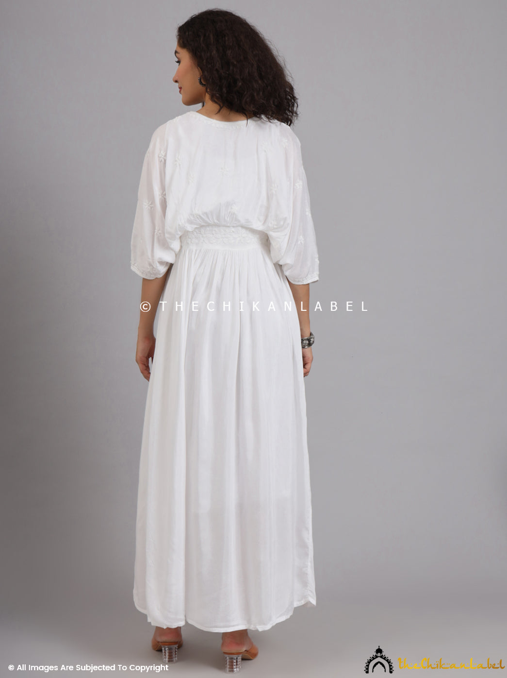 White Muslin Chikankari Kimono Kaftan dress