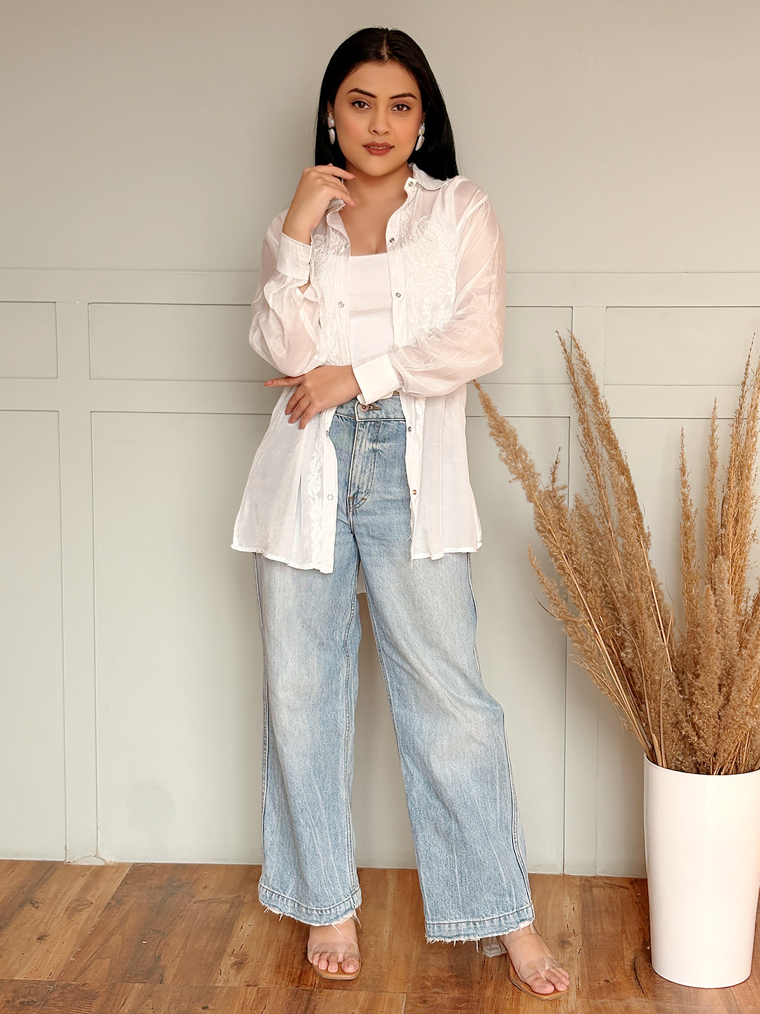 Riha Muslin Chikankari Shirt - White