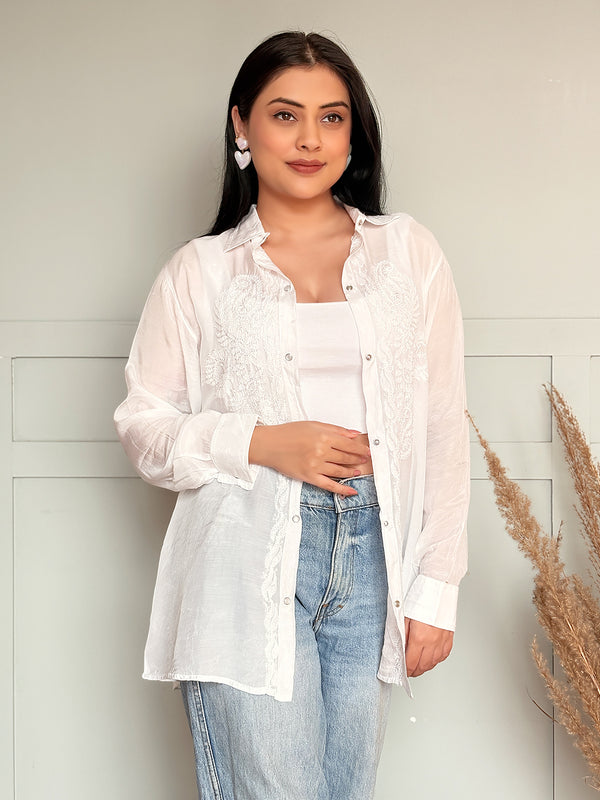 Riha Muslin Chikankari Shirt - White