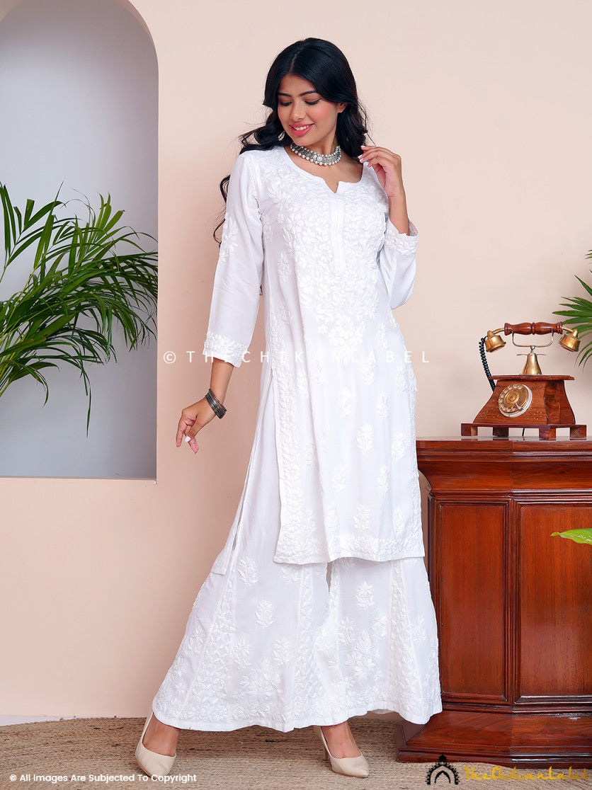 White Rayon Chikankari Straight Kurti