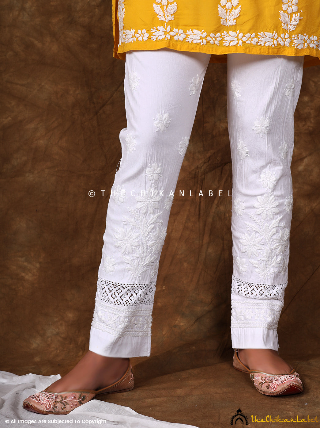 White Nadia Lycra Straight Chikankari Cigarette Pant ,Chikankari Cigarette Pant in Lycra Fabric For Woman