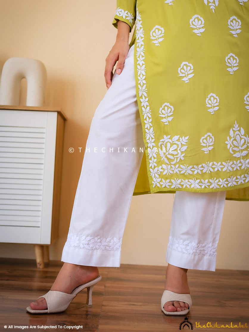 White Nira Modal Chikankari Straight Pant , Chikankari Straight Pant in Modal Fabric For Woman