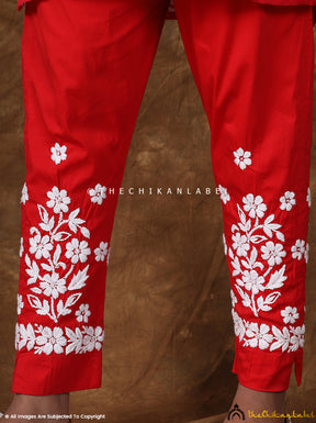 Red Nuha Lycra Straight Chikankari Cigarette Pant