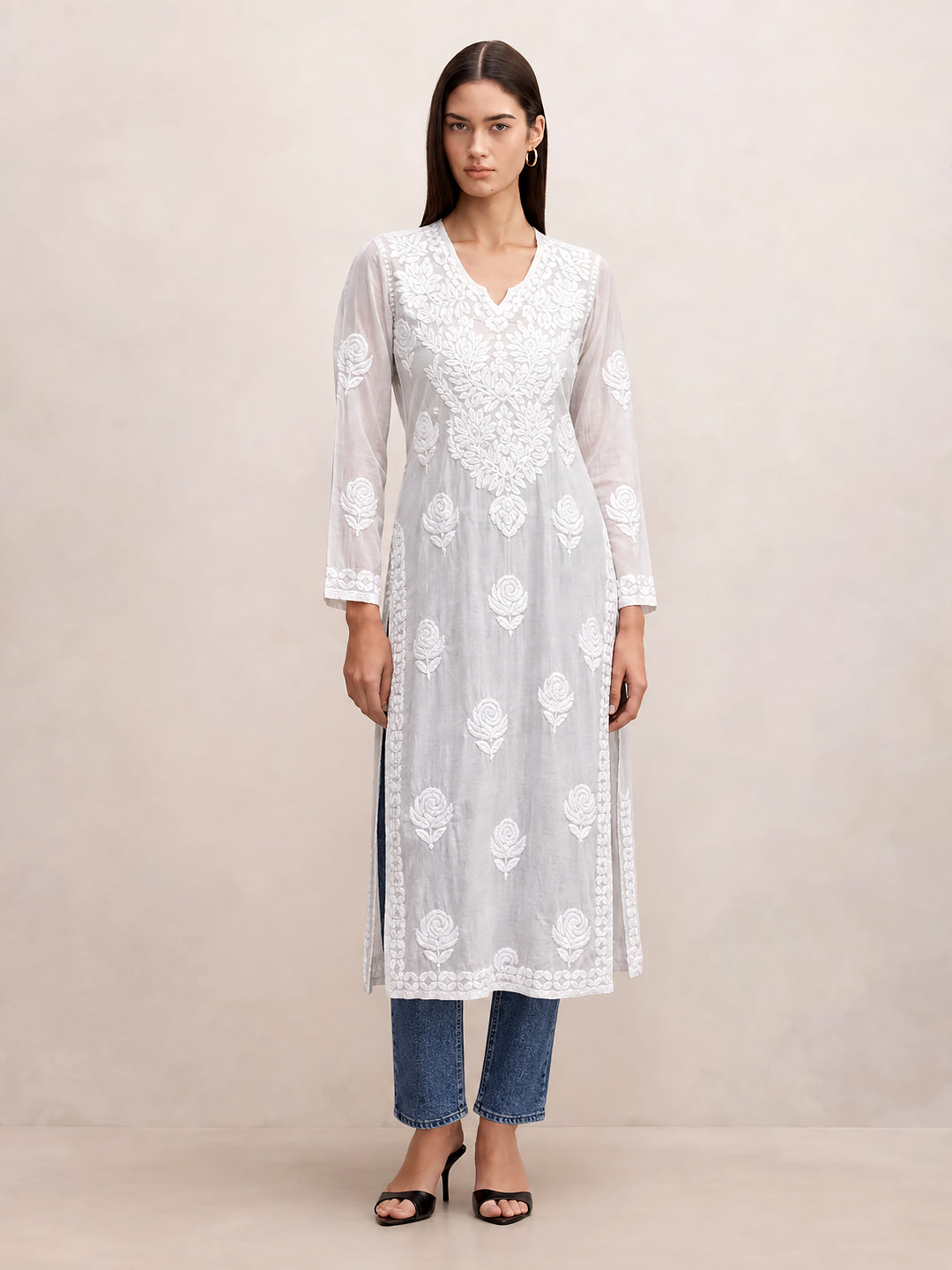 Sama Muslin Chikankari Straight Kurti - White