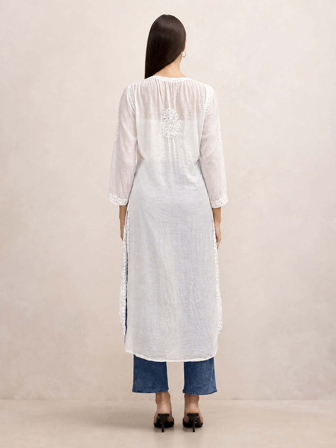 Sama Muslin Chikankari Straight Kurti - White