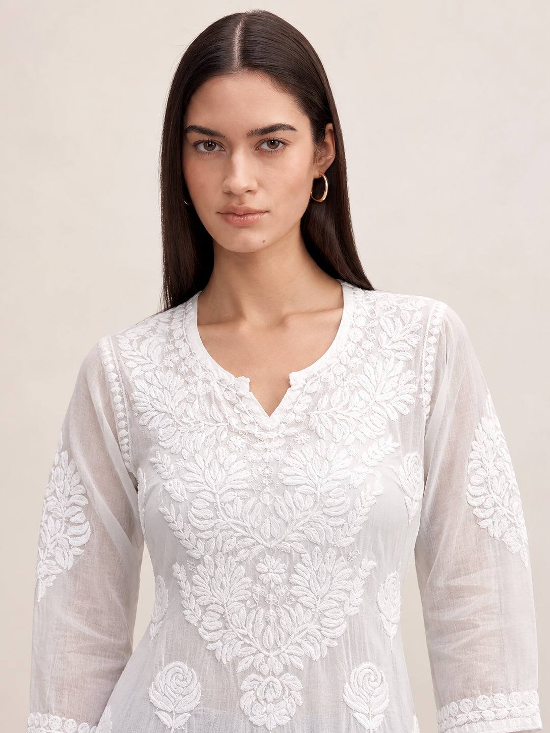 Sama Muslin Chikankari Straight Kurti - White