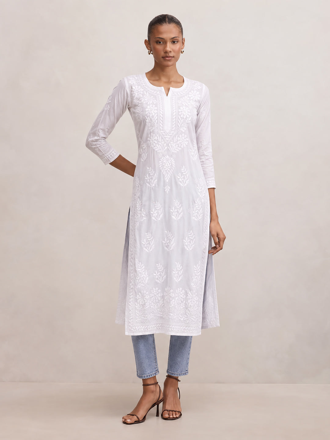 White Taibah Cotton Chikankari Straight Kurti