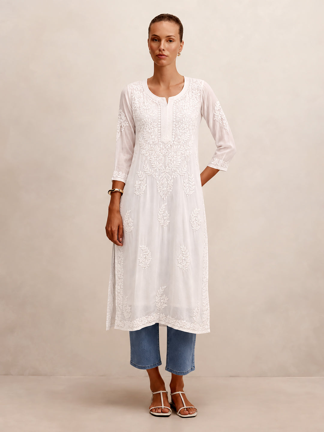 Tripti Modal Chikankari Straight Kurti - White