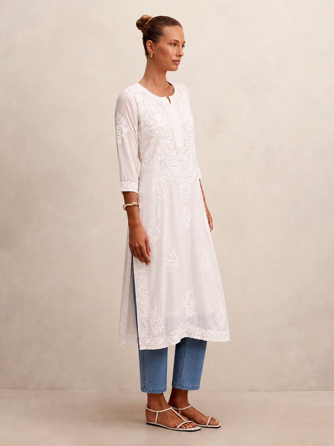 Tripti Modal Chikankari Straight Kurti - White