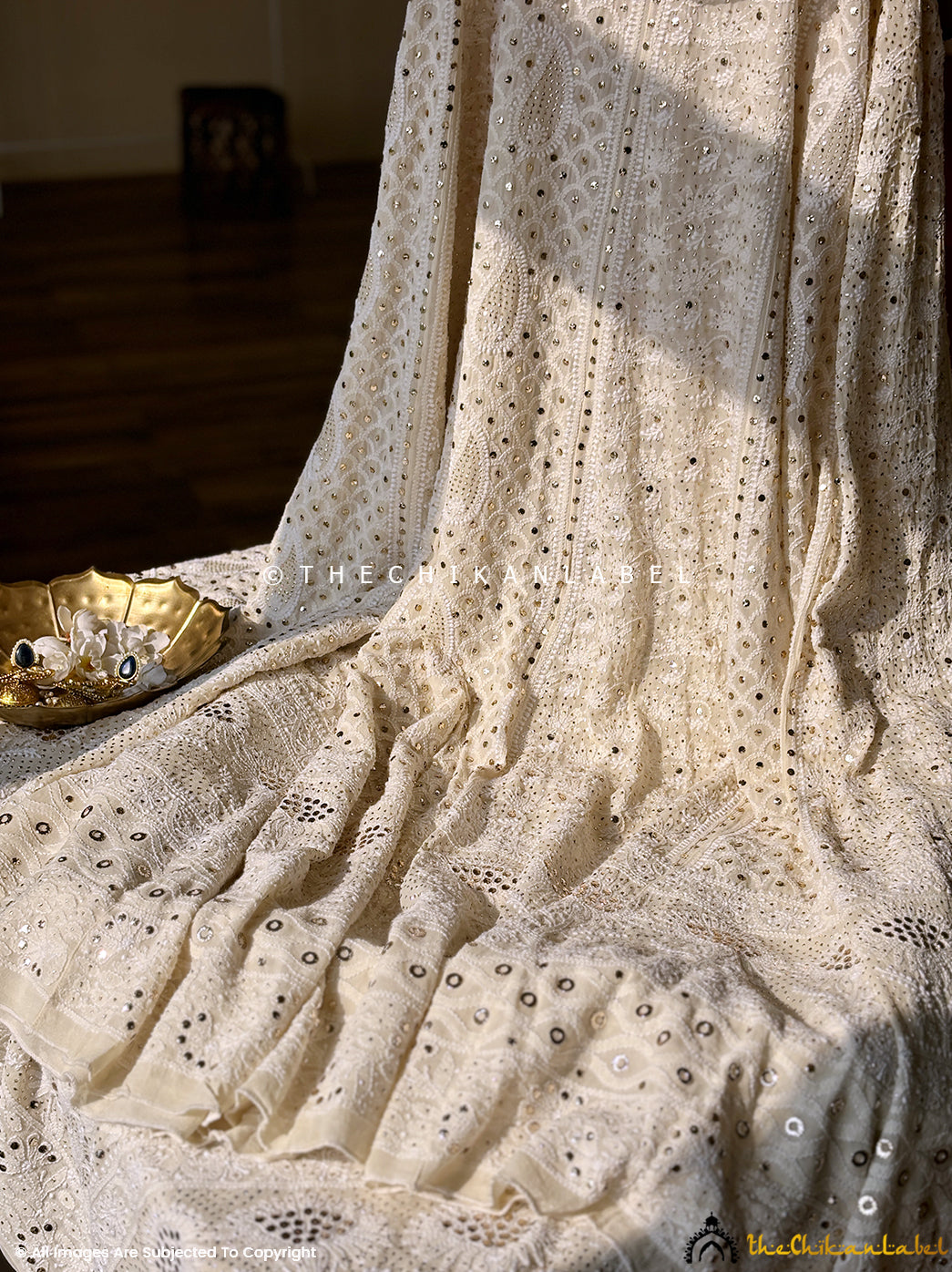 Authentic Lucknowi chikankari lehenga set in pure georgette with mukaish accents, perfect for bridal trousseaus.