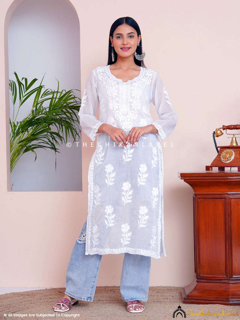 White Iyana Kota Cotton Chikankari Straight Kurti