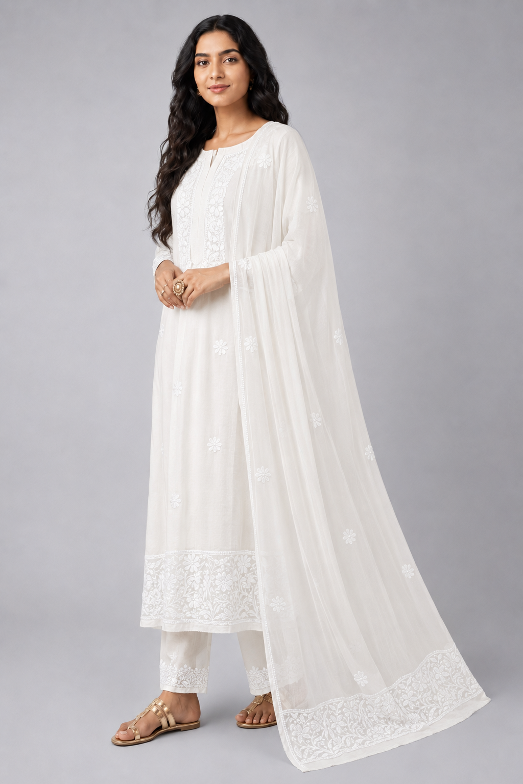 White Viscose Chikankari Dupatta