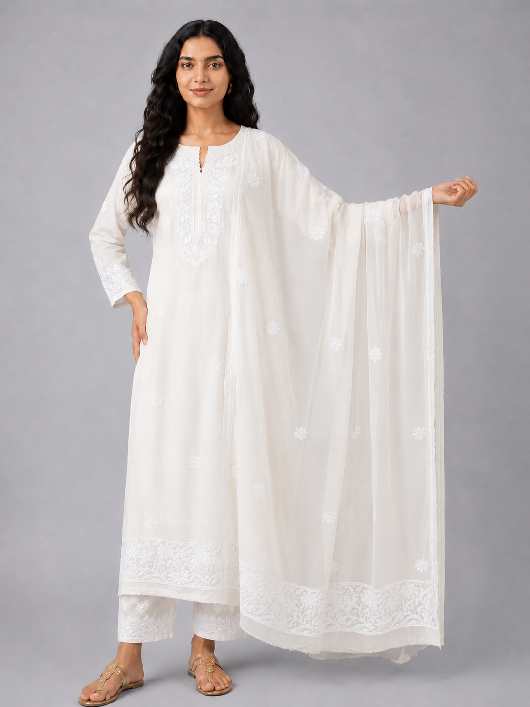 White Viscose Chikankari Dupatta