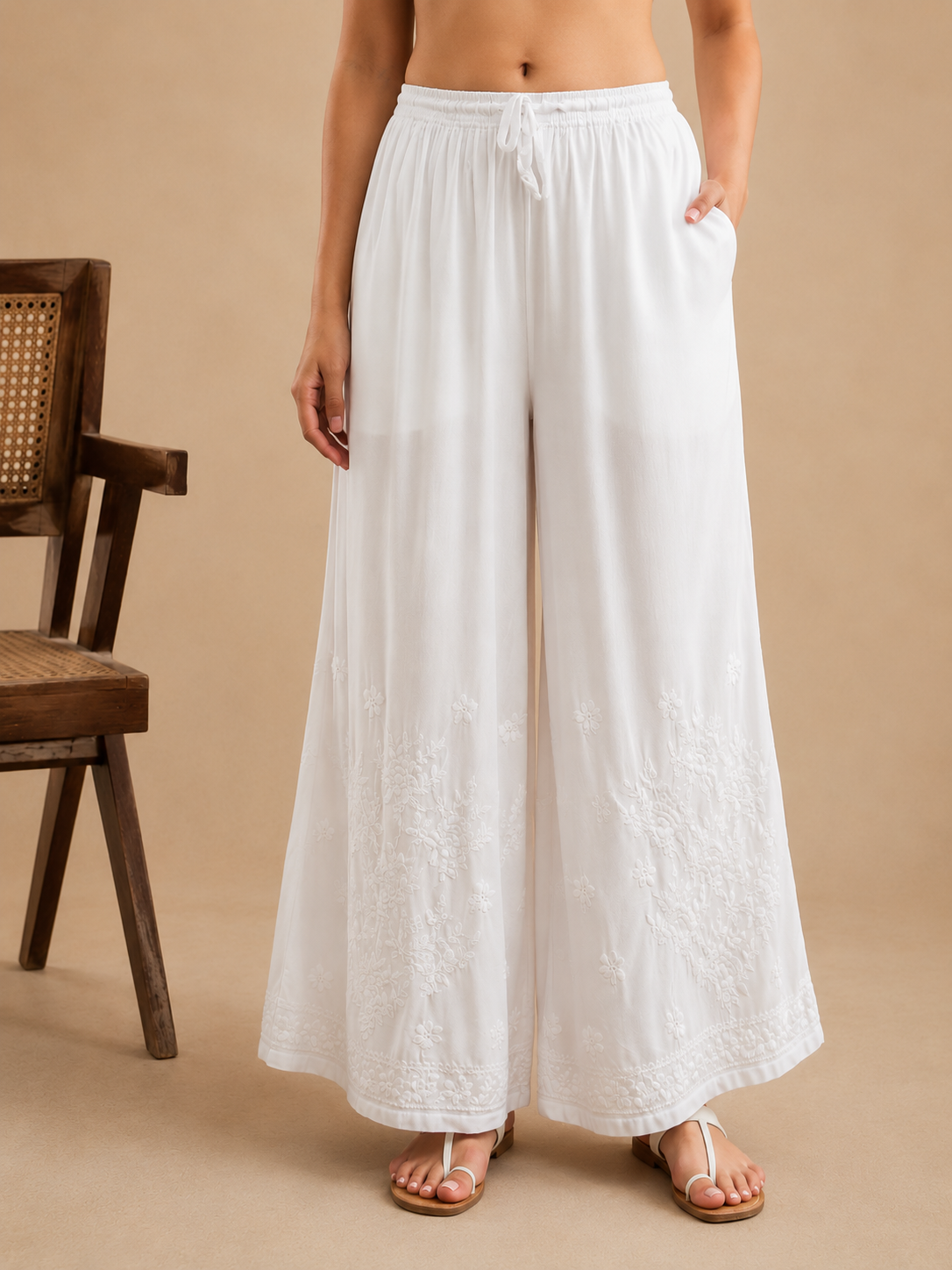 Floral Modal Chikankari Wide Leg Palazzo - White