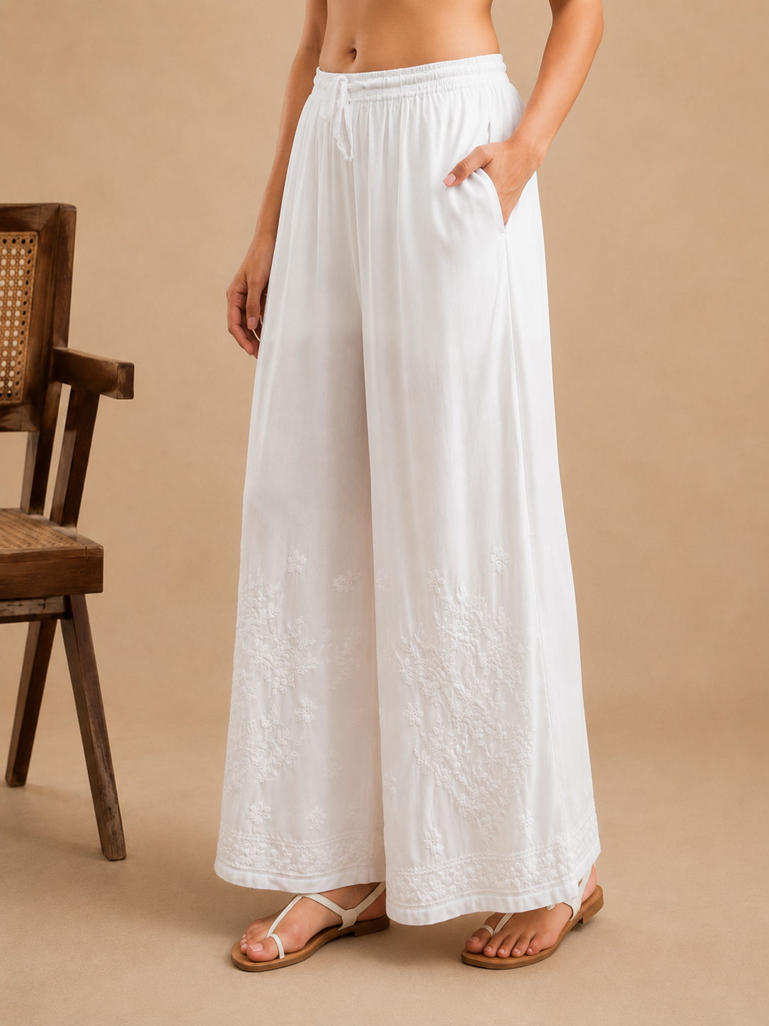 Floral Modal Chikankari Wide Leg Palazzo - White