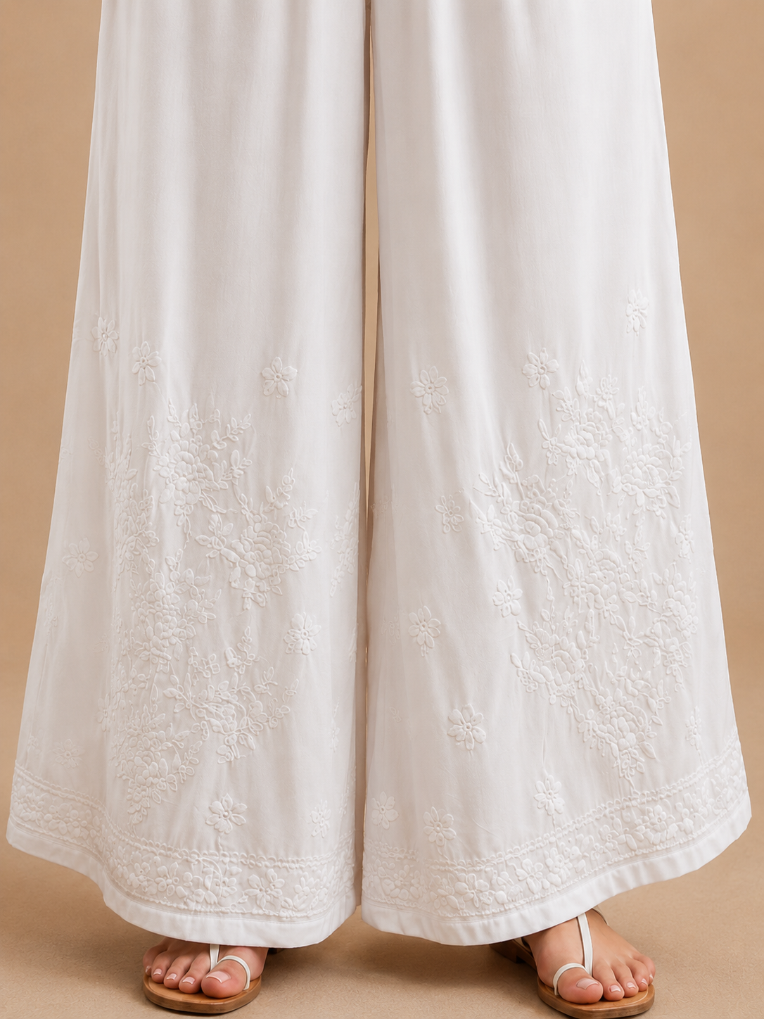Floral Modal Chikankari Wide Leg Palazzo - White