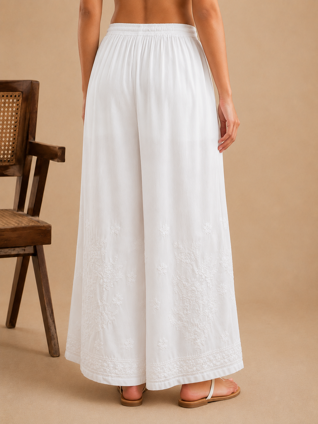 Floral Modal Chikankari Wide Leg Palazzo - White
