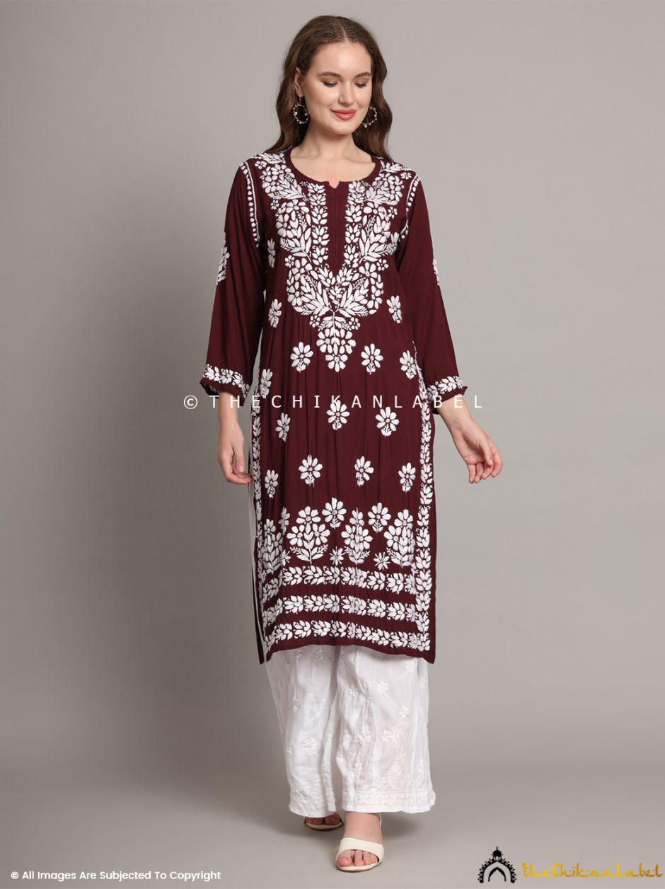 Wine Aditi Modal Chikankari Straight Kurti