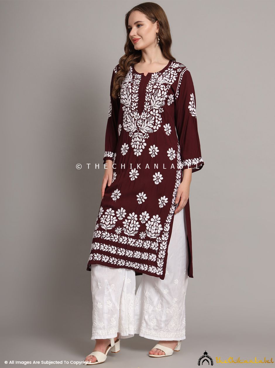 Wine Aditi Modal Chikankari Straight Kurti