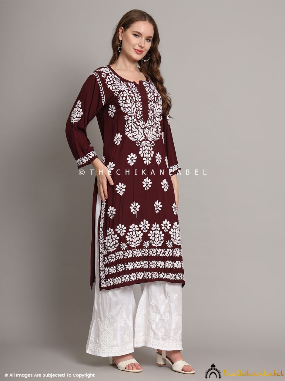 Wine Aditi Modal Chikankari Straight Kurti