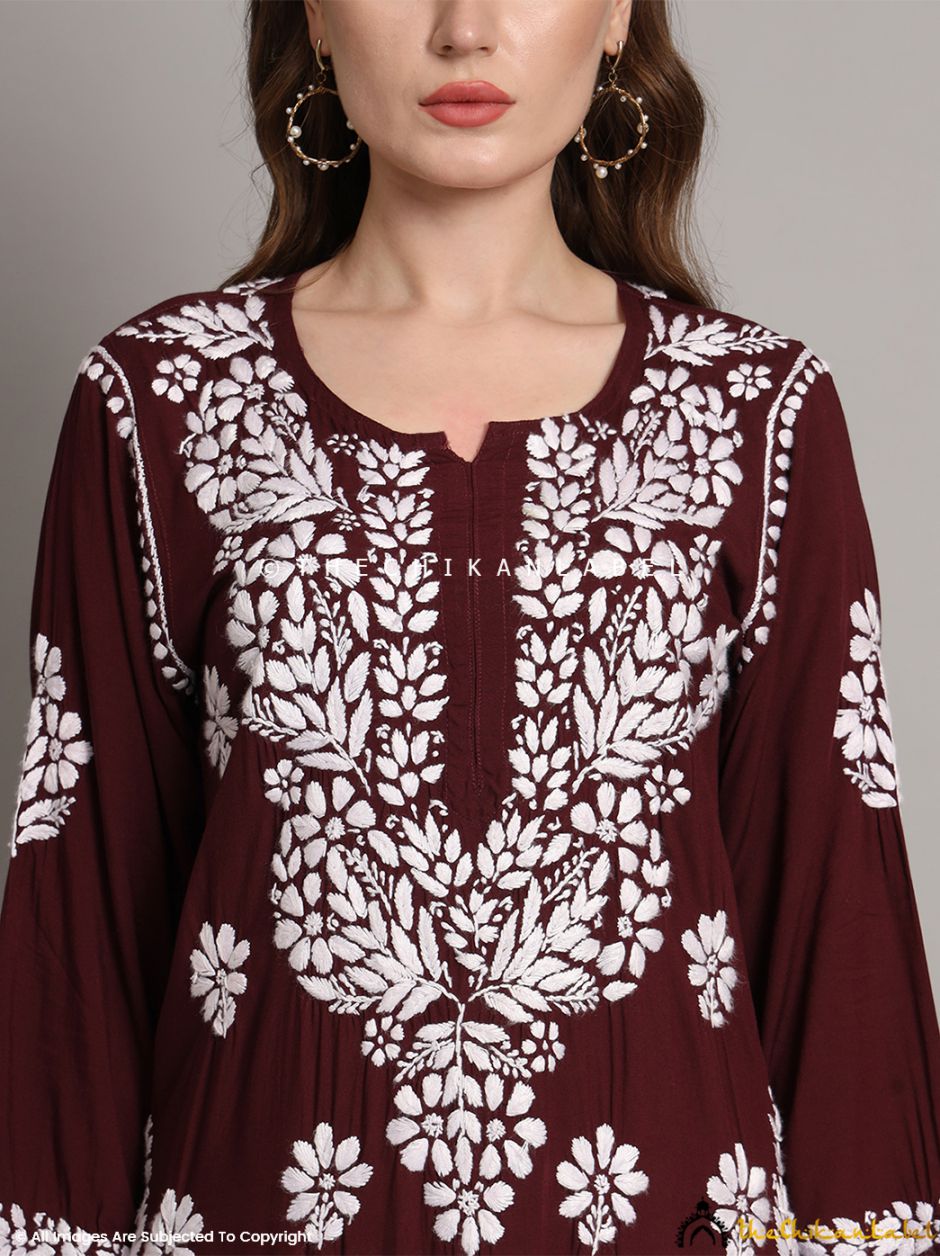 Wine Aditi Modal Chikankari Straight Kurti