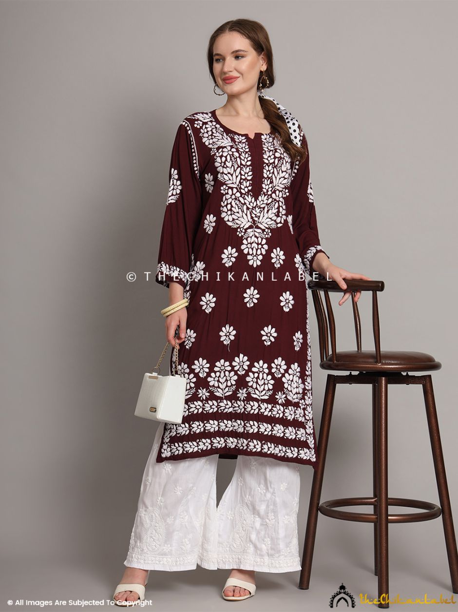 Wine Aditi Modal Chikankari Straight Kurti