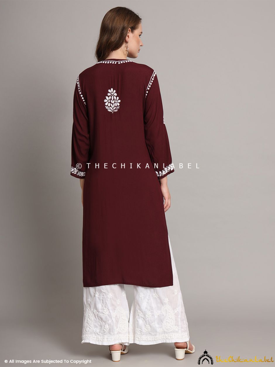 Wine Aditi Modal Chikankari Straight Kurti