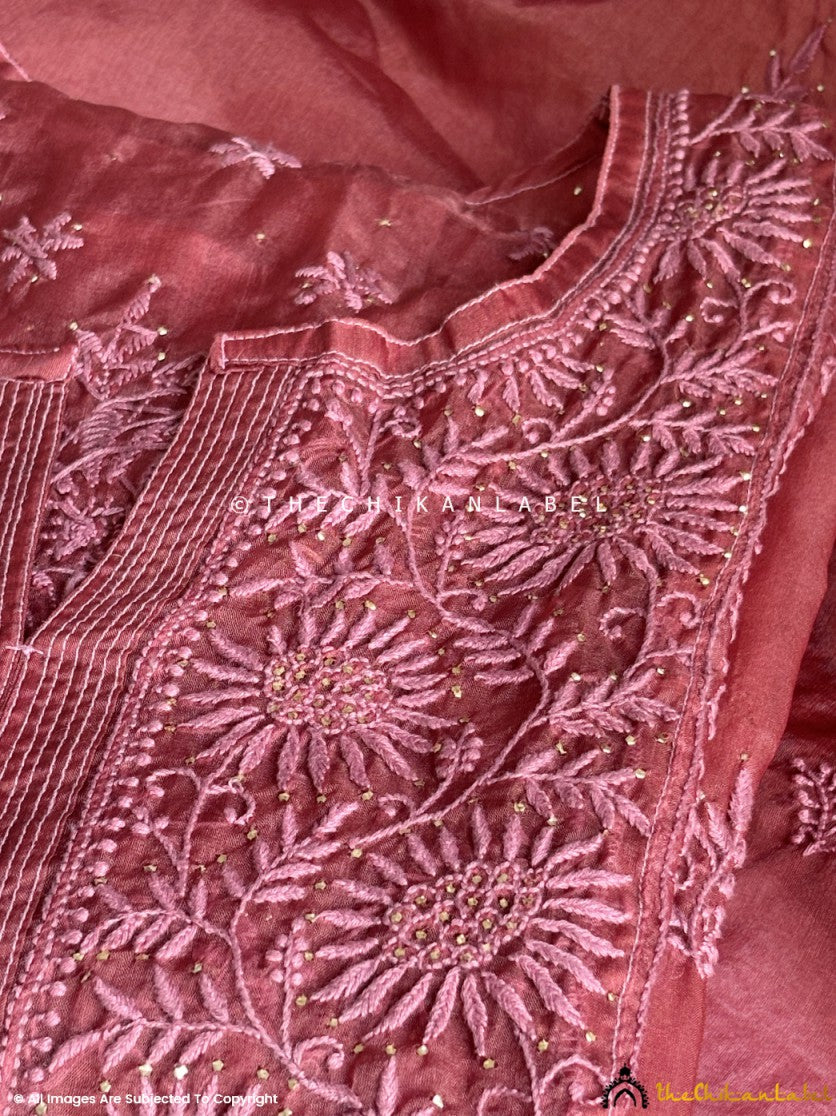 Wine Ahilya Organza Chikankari A-Line Kurta with Dupatta